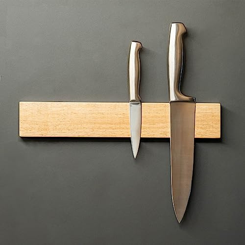 Magnetleiste Messer, Messerhalter aus massivem Holz, einfache Montage, multifunktional für alle magnetischen Gegenstände, sichere Befestigung, starker Halt, 35x6cm (Kautschukbaum)