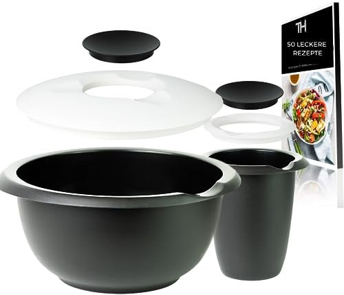 Thiru Bol para mezclar y hornear con tapa antisalpicaduras - Cuencos de Mezcla - Tazones Antideslizante y sin BPA - Fabricado en Alemania (negro, doble pack - 3,5 l y cacerola)