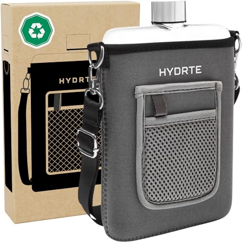 Hydrte Travel Mini Water Bottle with Strap & Sleeve – 18 oz BPA-Free Slim Flat Reusable Water Bottle, Leak Proof (Slate Grey)