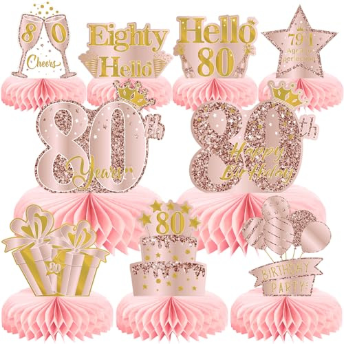 9 Stück 80. Geburtstag Dekorationen Rosa Rose Gold Wabenaufsätze für Frauen, Happy 80th Birthday Table Centerpieces Party Supplies,80 Year Old Birthday Table Toppers Decor