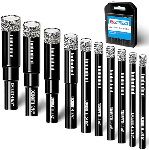 10pc Dry Diamond Core Drill Bits Set, Tile Drill bits for Ceramic Porcelain Marble Granite Stone Glass, Integrated Coolant for Dry Drilling, Round Shank, Size 3/16 1/4 5/16 3/8 1/2 9/16 5/8