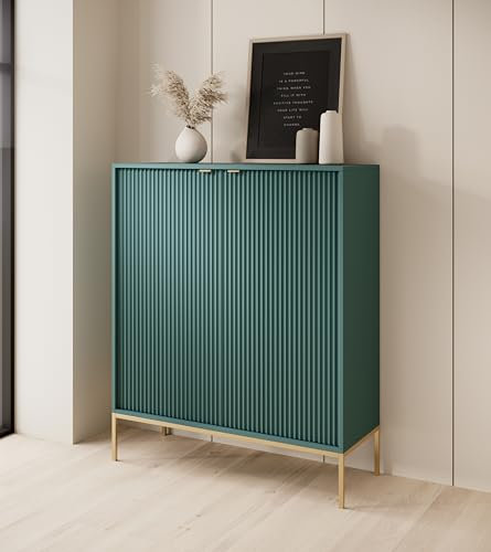 BETTSO - Kommode - mit hohen Beinen - 125 cm hoch - Mehrzweckschrank - Schrank Schlafzimmer - für Wohnzimmer, Schlafzimmer - 2-türig - Modern, Glamour - Grün - mit goldenen Griffen und Beinen