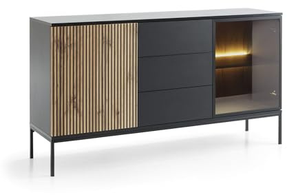 BETTSO - Sentino - Kommode - Schrank mit Glas, Rillen - 154 cm breit - Sideboard - Kommode mit Schubladen - TV Kommode - Kommode Vintage - Komode - Schwarzgrau und Holzoptik Wotan-Eiche