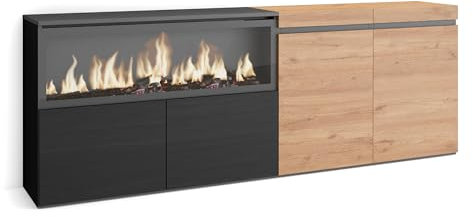 Skraut Home | Aparadores para salón | Gran Capacidad de almacenaje | 210 | 4 Puertas | Chimenea eléctrica XXL | Estilo Moderno | Roble y Negro