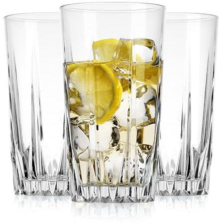 Glaver's Juego de 10 vasos clásicos de vidrio Highball de 15 onzas, cristalería elegante de corte de diamante, vasos de bar, agua, cerveza, jugo, cócteles