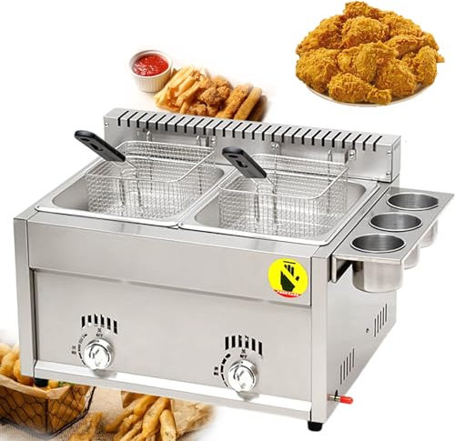 Fablestoryem Friteuse à gaz Commerciale, 8 L x 2, friteuse de Cuisine au Propane Liquide ou au gaz Naturel, Machine à Frire de Cuisine à Double réservoir en Acier Inoxydable, pour la Restauration