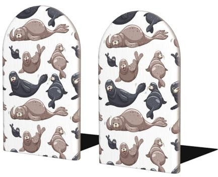 Robben Illustration Seelöwe, 2er Set Buchstützen Bücherregal Lustiger Holz Buchstopper Buchstützen Buchhalter und Ständer