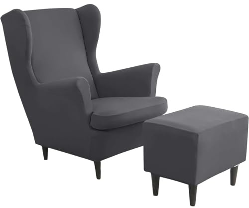 CLGTY Stretch 2 Teilig Ohrensessel Überzug Mit Hockerbezug, Spandex Ohrensesselbezüge Mit Ottomane Schonbezug Weich Abnehmbar Ohrensessel Schonbezuge Für Wohnzimmer-dunkelgrau-3 Stück