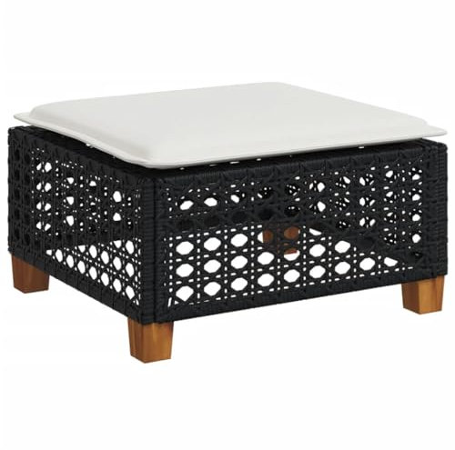 Makastle Gartenhocker, Poly Rattan Fußhocker mit Kissen, Fußauflage, Balkon Sitzhocker, Rattanhocker für Garten Terrasse, Schwarz 63,5x56x32 cm