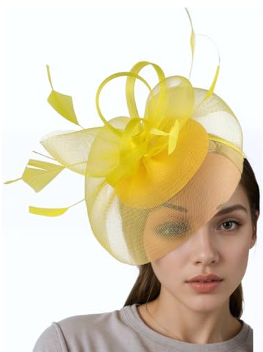 Michear Chapeau bibi en maille avec fleur et plumes - Pince à cheveux - Pour femme - Pour le thé, le mariage, le derby, jaune, taille unique-M