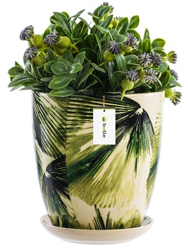 botle Blumentopf Rund Lange Keramik Ø 18,5 cm H 20,5 cm Cremig Grüne Blätter mit Rund Standfuß glänzendem modernem Finish handbemalt einzigartiges Muster, Sukkulenten Geranien Grünpflanzen