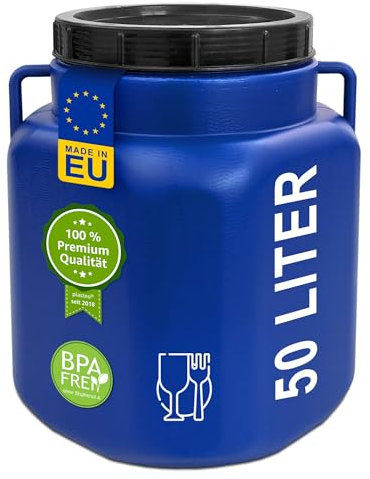 plasteo® Barril de Boca Ancha de 50 Litros Con Tapa y Asas, Rectangular, Azul, Apto Para Alimentos y Sin BPA, Plástico Universal Para Agua, Lluvia y Almacenamiento