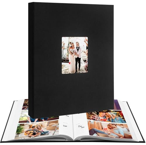 Photo Album With Writing Space, 6x4 Slip in Photo Album Hold 300 Photos, Linen Cover, Each Page Holds 3 Photos, Small Picture Book With Memos, for Family Wedding Anniversary Baby (Black)