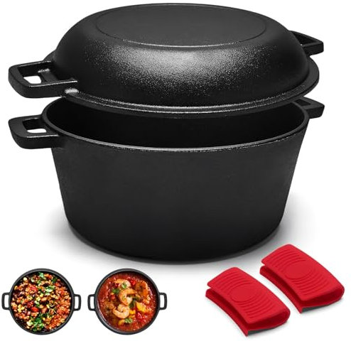 Dutch Oven Pot with Lid 5 Quart, 2-in-1 Pre-seasoned Cast Iron Dutch Oven with Lid for Bread Baking, BBQ, Frying, Baking, Camping(One-pot Multipurpose)