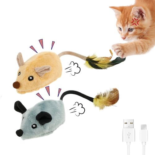 Fyeme Katzenspielzeug Elektrisch Spielmaus mit Federschwanz Katzenspielzeug Maus Elektrisch mit LED Licht USB Realistische Mausgeräusche Interaktive Spielzeug Maus für Katze Hunde (Gelb+Grau)