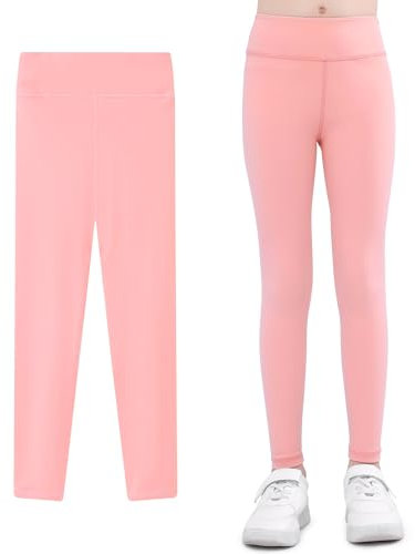 Domueay Mädchen Leggings High Waist Yogahose Atmungsaktiv Sportleggins Jogginghose, Rosa Laufhose Sporthose Trainninghose Kinder Elastisch Gymnastik Sport Lang Hose 8-9 Jahre, GR. 134-140