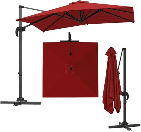 GYMAX Ombrellone da Balcone, 2,5x2,5 M, Ombrellone Decentrato, con Base a X, Parasole Inclinabile da Giardino e Terrazzo, Rotazione a 360° e 5 Inclinazioni Regolabili (Rosso)