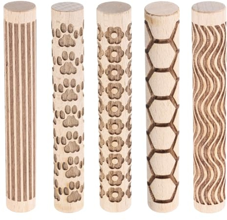 sourcing map Lot de 5 rouleaux d'argile en bois de 10,2 cm avec motif hexagonal, empreintes de pattes de fleurs, outils de poterie, rouleaux de texture de grain de bois pour argile, pâte à modeler
