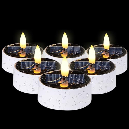 Solar Teelichter für Außen, XPJBKC 6 Stück Solar Teelichter Outdoor, Solar Teelicht Wasserdicht, Solarkerzen Outdoor Wetterfest für Garten, Balkon, Camping, Feste, Hochzeit, Warmweiß Led-Flammeneffekt