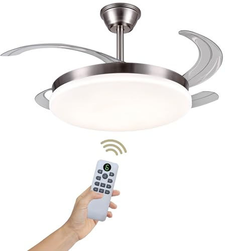 LUMIKING Ventilador de Techo Luz LED 72W Retráctil y Silencioso - Lámpara Ventilador Aspas Plegables con 3 Tonos de Luz (3000-4000-6000K) - 6 Velocidades, Memoria, Modo Verano Invierno, Ø108 cm
