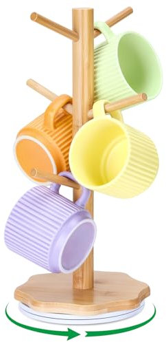 Euqvunn 360° drehbarer Tassenhalter, Kaffeetassen Tassenständer, stabiler Brezelständer mit Holzfuß in Blütenform, Tassenregal Holz für Küche und Kaffeebar, brezelständer mit 6 Haken-Holz