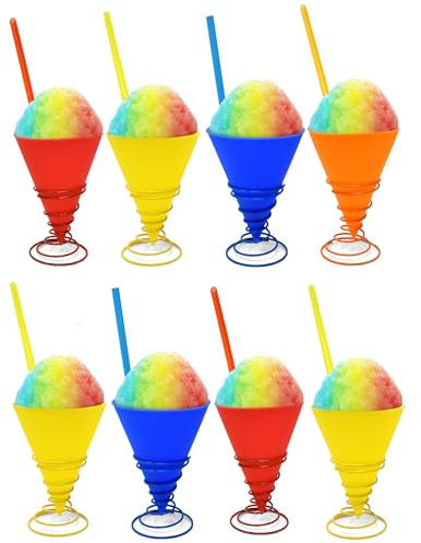 Gift Boutique Reusable Silicone Snow Cone Cup Set 8 Pack Leakproof Cups & Spoon Straws with Metal Holders for Summer Cookout Party Kid Friendly, for Slushies Shaved Ice & Ice Cream, 7 oz