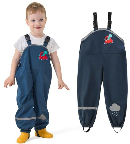 JinBei Pantalones Impermeables Niños Ligero Pantalón Barro Tirante Ajustable Pantalone de Lluvia con Tiras Reflectante Peto de Lluvia Infantil Impermeabili Ropa Azul Marino, Edad 4 Años