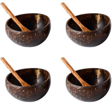 WANGCL 4 cuencos de coco con 4 cucharas de madera, cuencos de coco pulido de 500 ml para ensaladas orgánicas veganas y almacenamiento de cocina.