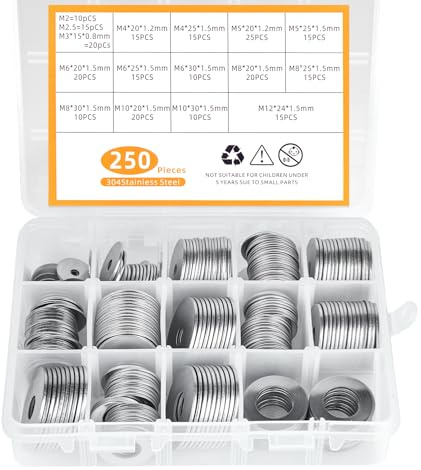 Unterlegscheiben Set, 250 Stück Beilagscheiben Sortiment 16 Größen, Flach Unterlegscheiben Set Edelstahl M2 M3 M4 M5 M6 M8 M10 M12, Beilagscheiben Set für Schrauben