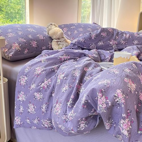 GETIYA Romantisch Blumen Bettwäsche 135x200 Mikrofaser Bettwäsche Lila Violett Wendebettwäsche Mädchen Damen Bettbezug Blümchen Blumen Bettwaren Set Einzelbett mit 1 Kissenbezug 80x80