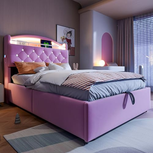 BXEYXE Kinder Polsterbett 90x200. Samt Einzelbett Multifunktionsbett mit Stauraum mit LED und USB Rosa