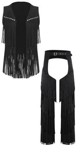 FEESHOW Adult Men Western Cowboy Vest And Chaps 2-piece Set Costume Tiered Tassel Carnivals Christmas
