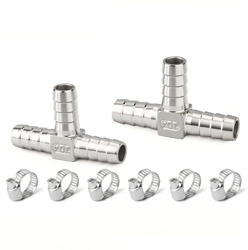 GORAGUCHI 2PCS 304 Stainless Steel 3 Way Tee T Shape 3/8 Hose Barb Fittings, with 6PCS Hose Clamp, for Fuel/Air/Water/Gas/Oil