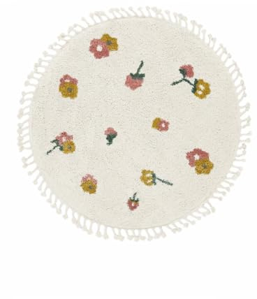 RugVista Linnea Kinderteppich, Ø 100 cm, Off Weiß/Multi | Moderne, Rund, Niedriger Stapel, Nur chemische Reinigung, Oeko-Tex 100, Ohne gefährliche Chemikalien, Kinderzimmer