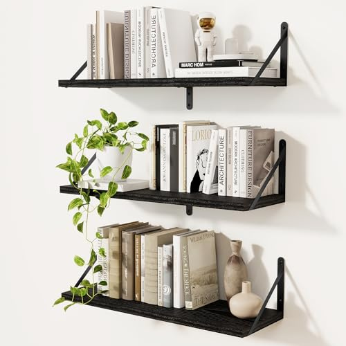 Feihorrm 3er Set Bücherregal, Wandregal Schwarz, Regal 60cm Breit | Wandregal Holz, Bücherregal Wand, Regale für Wände, Bücherregal Holz für Wohnzimmer, Schlafzimmer & Arbeitszimmer