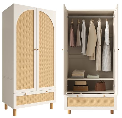 Gxffipw Kleiderschrank 85.5cm Breit Garderobenschrank mit 2 Türen & Rattan, Highboard Mehrzweckschrank mit Regalen und Schubladen, Hochschrank mit Kleiderstange, Weiß+Holzfarbe, Schlafzimmer Möbel