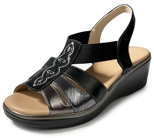 JOMIX Sandalias Mujer Verano Cómodas con Cuña 5 cm Sandalias Elegantes con Strass Puntera Abierta Tiras Elásticas Antideslizantes Zapatos Mujer Señora para Pies Anchos y Uso Diario Negro 37