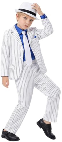 Allegorly Disfraz Rey del Pop para Niño Traje De Estrella Pop Niño Chaqueta Y Pantalón Lentejosos Estilo Años 80 90 Conjunto Chaqueta a Rayas Y Pantalón Dorado Lentejoso para Fiestas Actuaciones