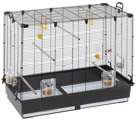 Ferplast Vogelkäfig Piano 6, Wellensittich Käfig Exotenkäfig, inkl. Vogelspielzeug, Vogel-Futternapf, Vogel-Sitzstangen, Schwarz, 87 x 46,5 x h 70 cm.