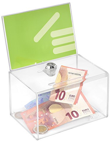 Zeigis Spendenbox mit Plakateinschub DIN A6 abschließbar - Acrylglas | 2 Schlüssel / Einwurfschlitz 7x86mm / vorbereitet für Sicherungsseil / Format der Spendenbox ca. 155x97x110mm (BxHxT)