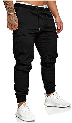 Somthron herr, byxor, cargo chinos jeans, sportbyxor, lediga fritidsbyxor med elastisk midja, byxor med smal passform, träningsbyxor joggingbyxor bomull, fitness, cargobyxor med fickor, svart, XXL