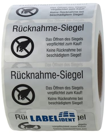 Siegeletiketten 50,8 x 25,4 mm - Rücknahme-Siegel -Das Öffnen des Siegels verpflichtet zum Kauf - 1.000 Sicherheitssiegel als Verschlussetiketten auf 1 Rolle(n)