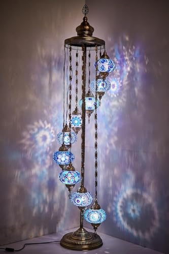 DEMMEX 9 Globe Turkish Floor Lamp, 6ft Tall - Turkish Moroccan Mosaic Floor Lamp, Tiffany-Style Standing Lamp for Bedroom & Living Room - Handmade Decorative Lighting, Blues
