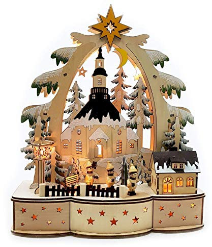 Wichtelstube-Kollektion Schwibbogen, handbemalt und detailreich, Hochwertiges Echtholz, Innenbeleuchtet mit Timer Funktion, Schwippbogen Weihnachten, Sparsam im Batteriebetrieb