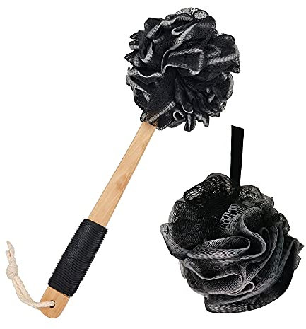 Loofah Sponge Bath Body Brush Back Scrubber with Long Wooden Handle, Handheld Luffa Pouf on a Stick for Body, Bath Sponge for Exfoliating, Detox, Cellulite, Blood Circulation