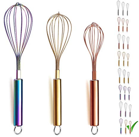 Berglander Paquet de 3 fouets en acier inoxydable, fouet en or 8 , fouet en or rose 10, fouet arc-en-ciel 12 , fouet en fil, ensemble fouet de cuisine (paquet de 3)