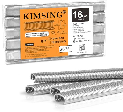 KIMSING Grapas de anillo de cerdo 304SS de calibre 16, 1000 piezas, sujetador para pistola neumática de anillo de cerdo | Corona int. 12,5mm - ext. 16,9mm, cierre 3-4,8mm, para pinzas C 16GA, jaulas animales & asientos auto