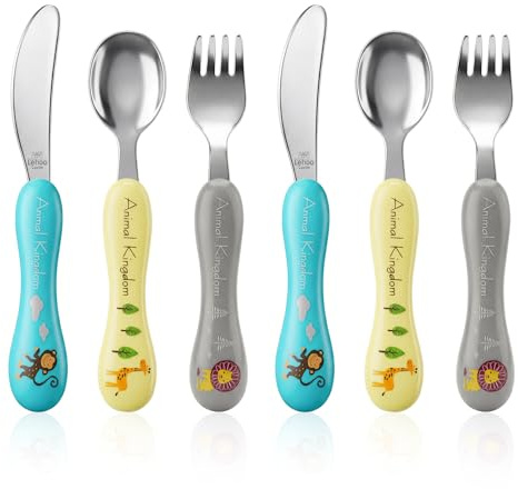 Lehoo Castle Posate Bambini, 6 Pezzi Posate per Bambini Acciaio, Set Posate Bambini con 2 Forchette Bambini, 2 Coltello Bambini, 2 Cucchiaio Bambini, Posate Non è Tagliente per 1 2 3 Anno (Grigio-blu)