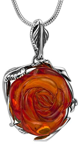 Copal Bernstein Rosenanhänger Halskette Aus Sterling Silber 925 Verstellbare Länge