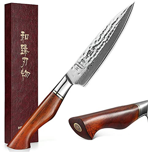 HEZHEN Damaskus Universalkniv，73 Lager Damaskerstål Pulverstå Fruktkniv，Liten Kniv Skalningskniv，Handtag Rosenträd